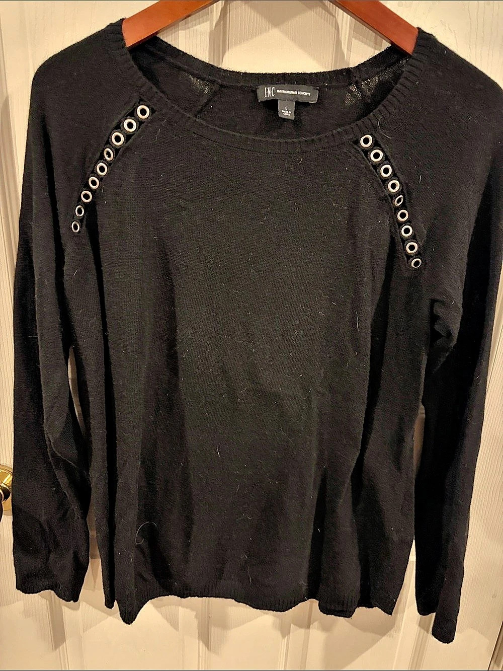 INC International Concepts Long Sleeve Grommet Top in Black Size Large